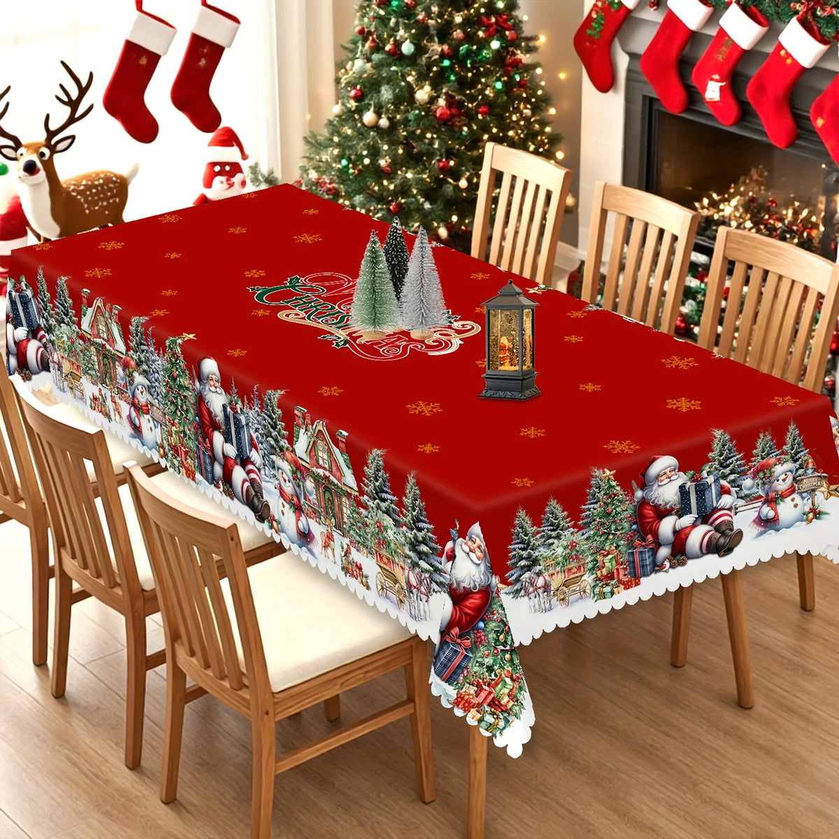 Christmas Santa Claus Snowman Tablecloth – Winter Snowflake Dining Table Cover for Kitchen, Home & Holiday Decor