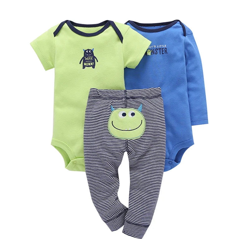 3PCS Baby Bodysuit Set – Soft Cotton Long & Short Sleeve Infant Rompers with Comfortable PP Pants for Baby Boys & Girls