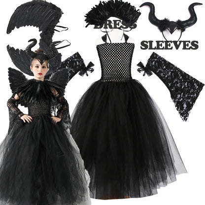 2026 Girls’ Evil Queen Halloween Costume – Black Tulle Mesh Princess Cosplay Dress, Gothic Dress-Up Outfit for Kids’ Halloween Parties