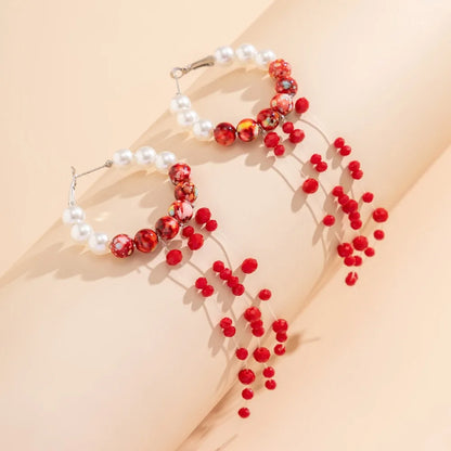 Gothic Red Crystal Pearl Tassel Earrings – Long Blood Drop Dangle Earrings for Women, Beaded Statement Jewelry for Halloween & Parties