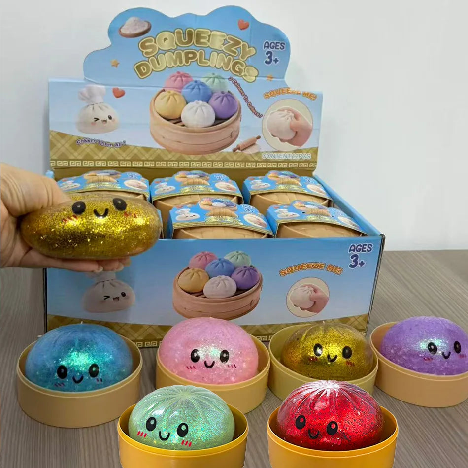 1–12PCS Glitter Dumpling Squishy with Box – Sensory Squeeze Stress Relief Fidget Toy, Glitter Dumplings Set