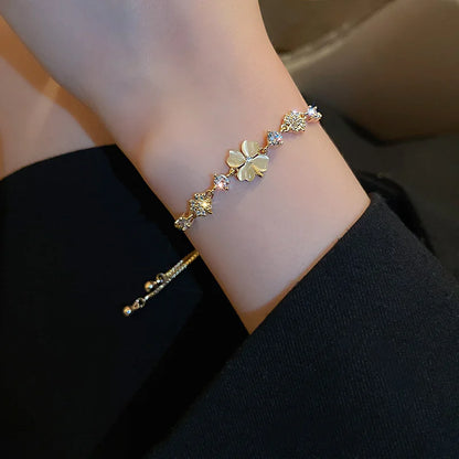 Women’s Fashion Four Leaf Grass Gold Color Adjustable Bracelet Korean Style Wedding Party Jewelry