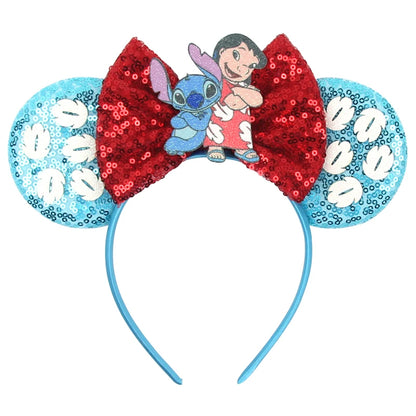 Diadema de orejas de Mickey Mouse de Lilo & Stitch – Lazo de lentejuelas de 5" Accesorio para el cabello de dibujos animados para mujeres y niñas | Diadema para fiestas y festivales