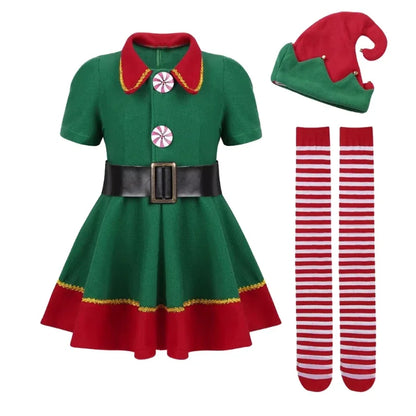 Kids Christmas Santa Claus and Green Elf Costume Set, Boys and Girls Holiday Cosplay Outfit, Festive Fancy Dress for Christmas Parties, Family Carnivals, Halloween Events and Seasonal Celebrations
