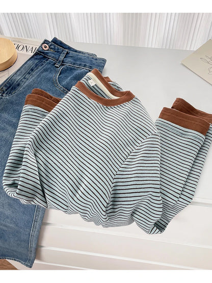 T-shirt rayé rétro à blocs de couleurs pour femmes, à manches longues, col rond, ourlet asymétrique en coton, chemise décontractée de base