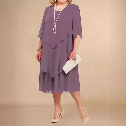 Plus Size Women's Chiffon Midi Dress – Elegant Irregular Layered Hem Flowy O-Neck Dress for Summer Parties & Weddings
