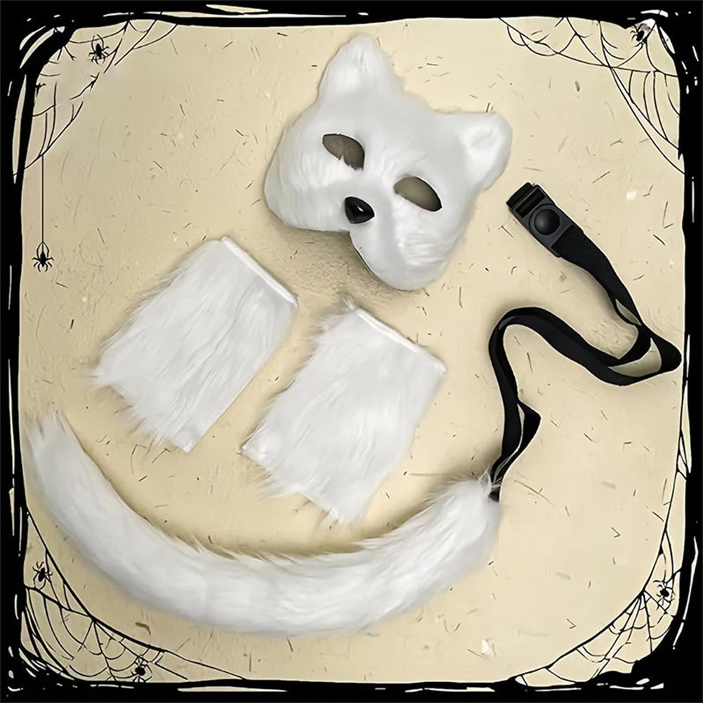 Halloween Fox Cosplay Costume Accessories Set, Animal Fox Mask, Tail and Gloves, Cute Fancy Dress-Up Props for Carnival, Masquerade, Themed Parties, and Halloween Costumes