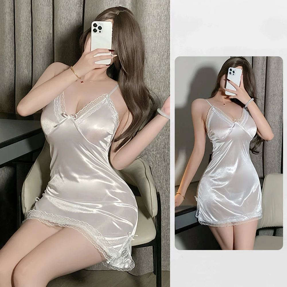 Ensemble de Nuisette en Satin et Dentelle pour Femme – Nuisette Dos Nu sans Manches avec String, Tenue de Nuit et de Détente avec Nœud