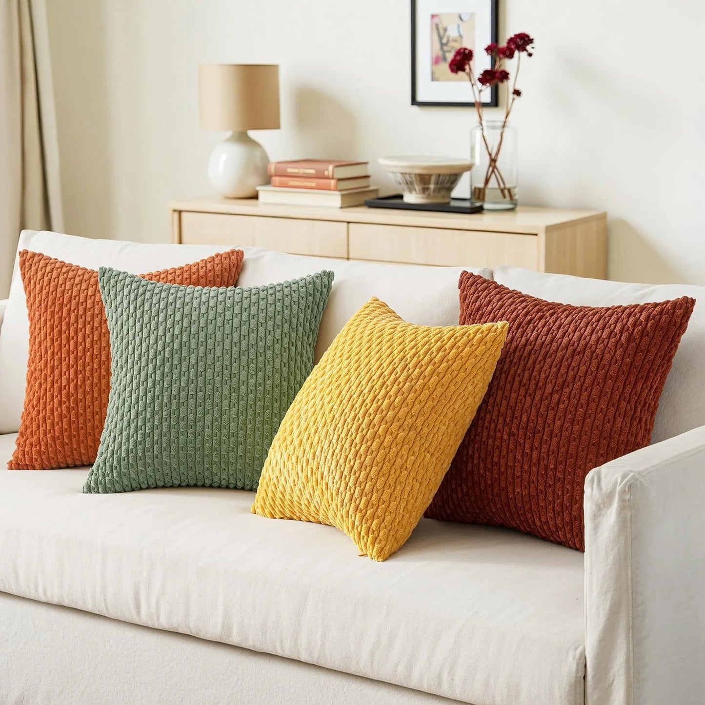 Funda de almohada a rayas verdes de pana - Funda de cojín decorativa rústica bohemia de 20x20 pulgadas para sofá y sala de estar