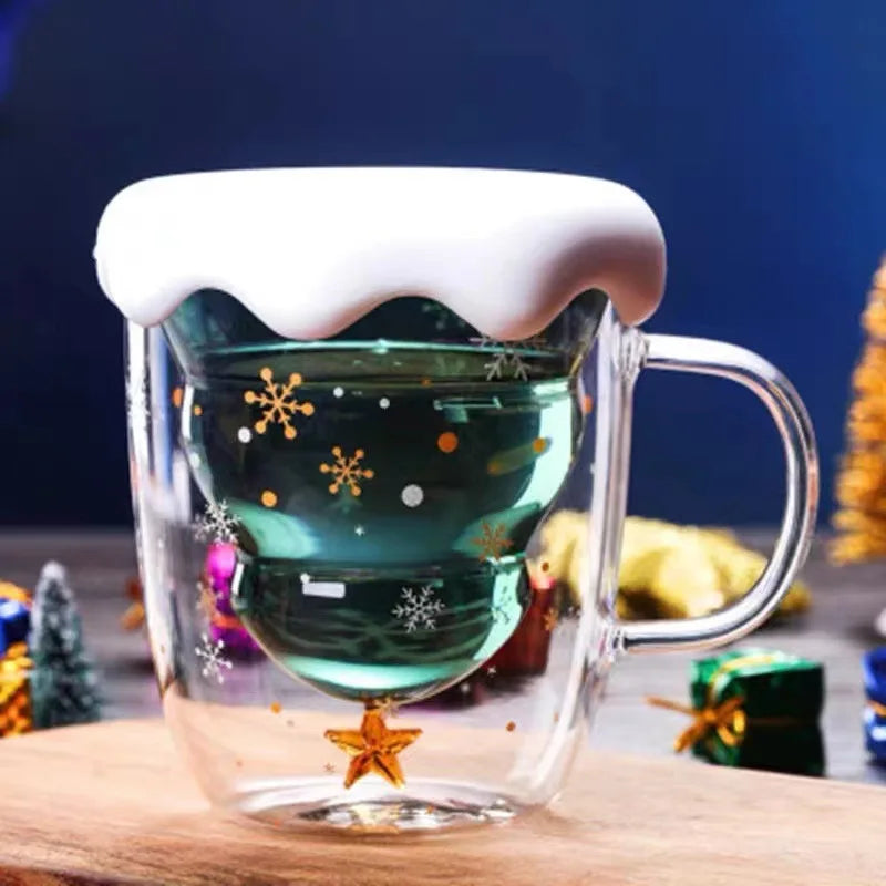 Christmas Tree Glass Cup – Transparent Double-Wall Heat-Resistant Couples Mug with Snowflake Design, Creative Coffee & Drinking Cup Gift