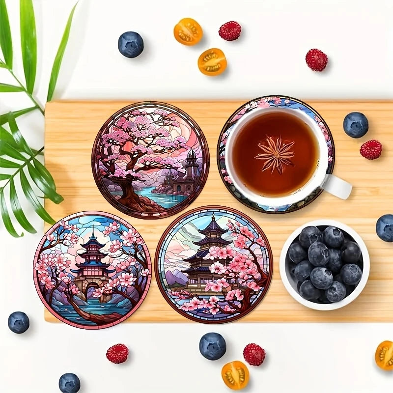4/6PCS Wooden Coasters – Cherry Blossom, Kimono & Mount Fuji Japanese-Style Design Coffee Table Drink Mats for Home & Dining