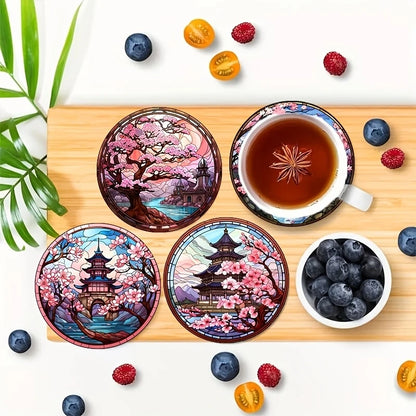 4/6PCS Wooden Coasters – Cherry Blossom, Kimono & Mount Fuji Japanese-Style Design Coffee Table Drink Mats for Home & Dining