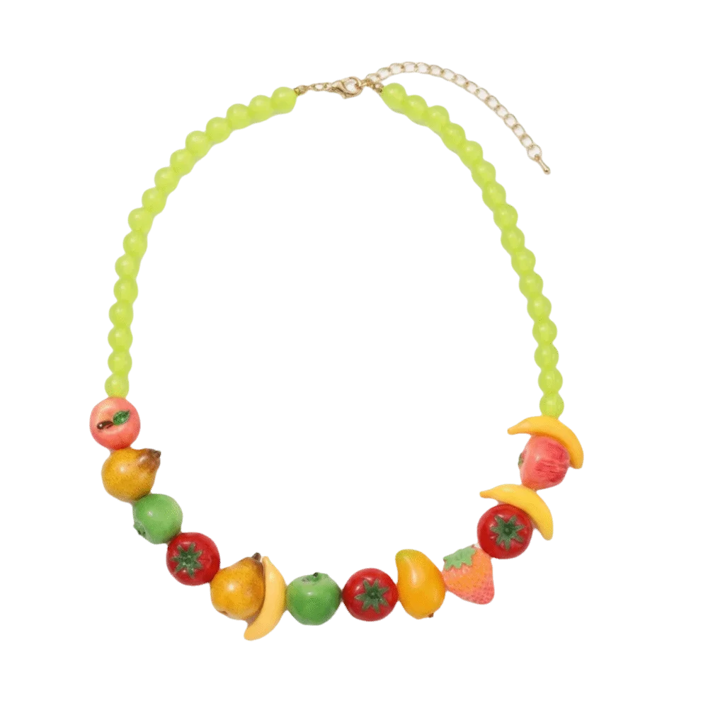 Colorful 3D Fruit Beaded Necklace – Multicolor Exaggerated Chain with Pomegranate, Strawberry & Tomato Designs, Statement Fashion Jewelry
