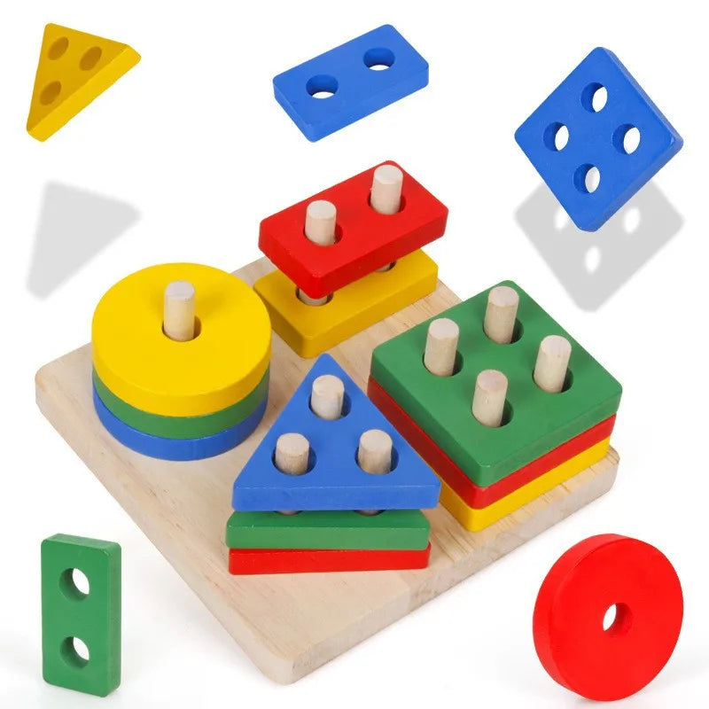 Montessori Wooden Building Blocks Color & Shape Matching Puzzle Educational Toy for Kids