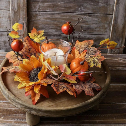 Artificial Maple Leaf Candle Ring Wreath – Rustic Fall Floral Ornament for Party, Living Room, Festival Table & Farmhouse Home Decor