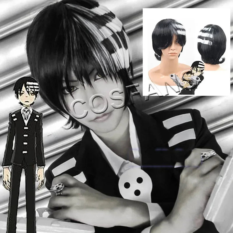 Anime Soul Eater Death the Kid Cosplay Wig – Black & White Split Hair Style (Unisex with Wig Cap, Halloween/Carnival Prop)