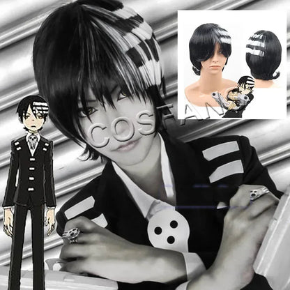 Anime Soul Eater Death the Kid Cosplay Wig – Black & White Split Hair Style (Unisex with Wig Cap, Halloween/Carnival Prop)