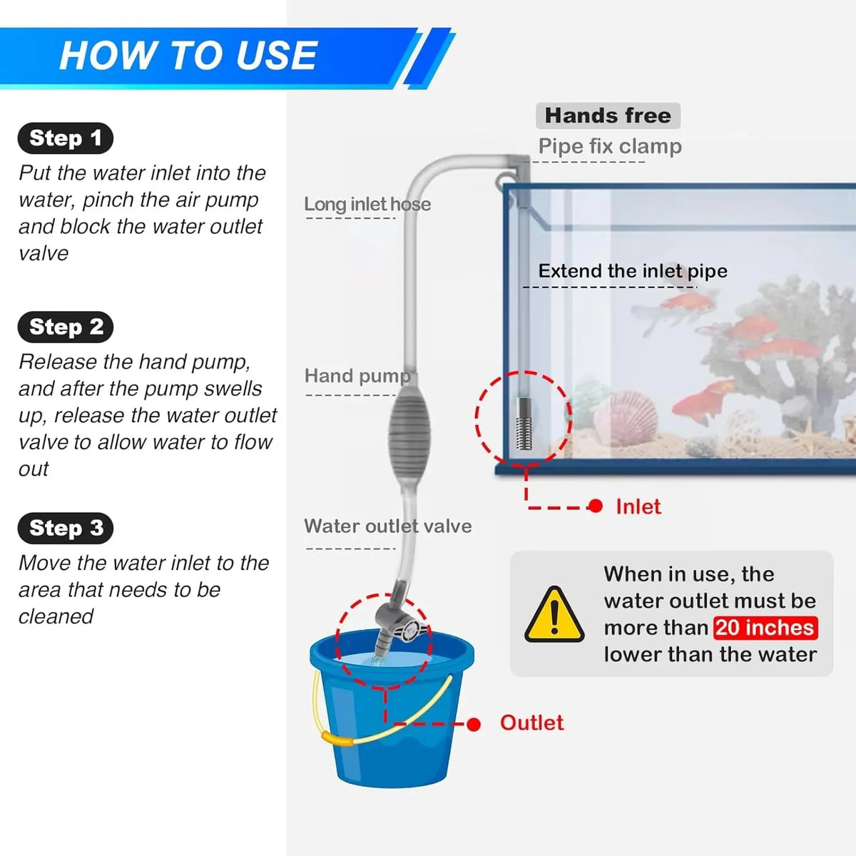 Aquarium Siphon Gravel Vacuum Cleaner – Large Fish Tank Water Changer with Sand Cleaning Kit & Extension Tube for Easy Maintenance