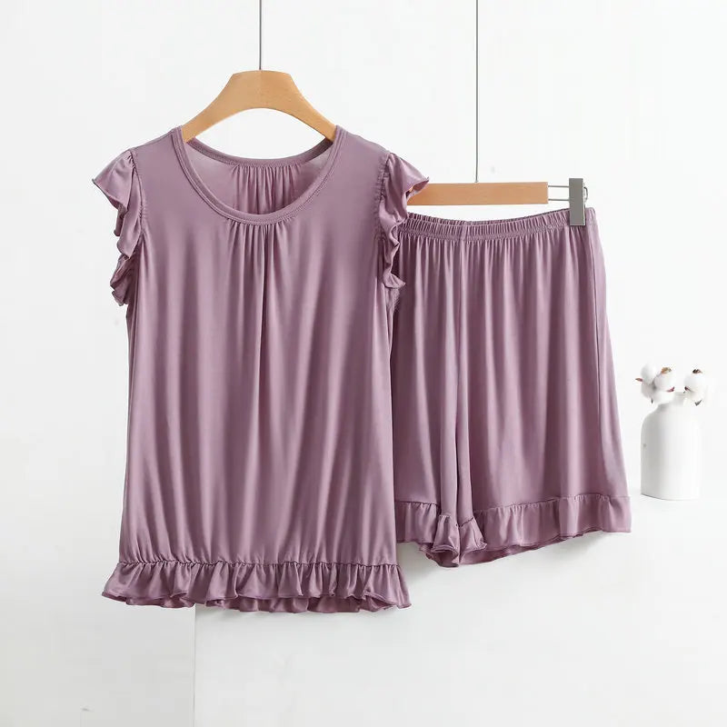 Women's Modal Lace Pajama Set – Peter Pan Collar Sleeveless Top & Shorts Two-Piece Summer Sleepwear
