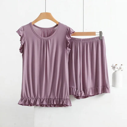 Women's Modal Lace Pajama Set – Peter Pan Collar Sleeveless Top & Shorts Two-Piece Summer Sleepwear