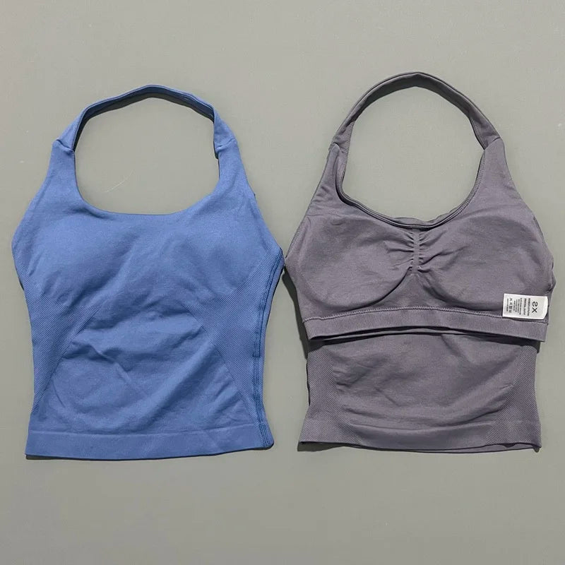 HISTELLO Women’s Seamless Longline Halter Sports Top – Built-in Bra with Removable Cups Yoga & Gym Tank Activewear