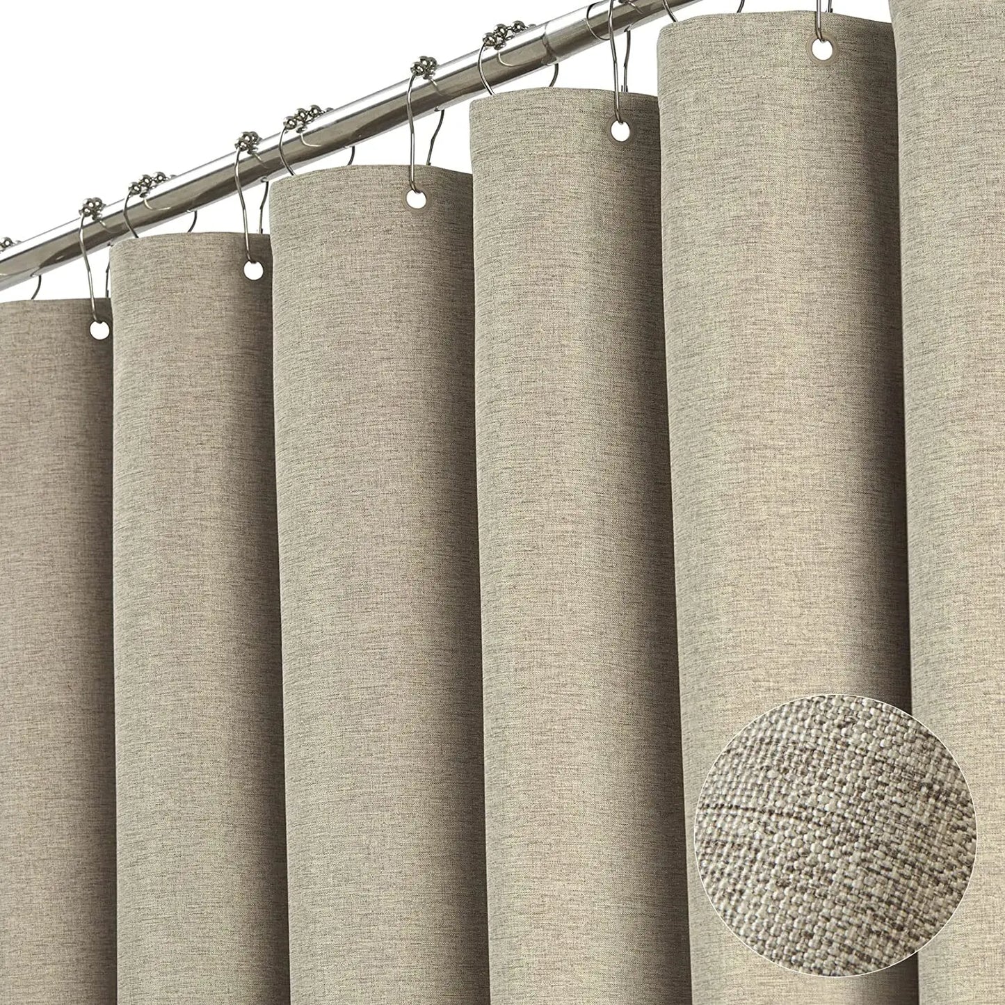 Cortina de ducha de lino de lujo – Cortina de baño de tela impermeable con ganchos de metal