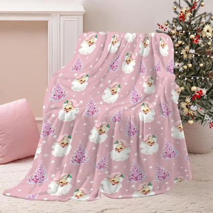 Soft Plush Christmas Blanket – Cute Santa Claus, Pink Christmas Tree & Snowflake Warm Throw Blanket for Couch & Holiday Home Decor