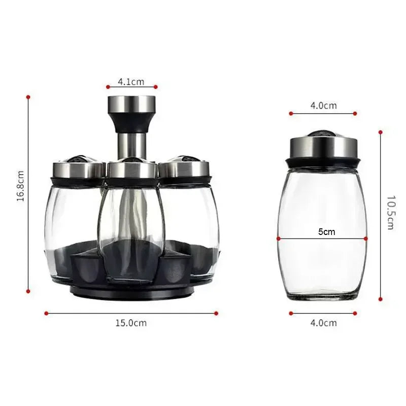 6-in-1 Glass Spice Jar Set with Rotating Rack – Seasoning Organizer with Salt, Pepper, Sugar & Spice Bottles for Kitchen Storage