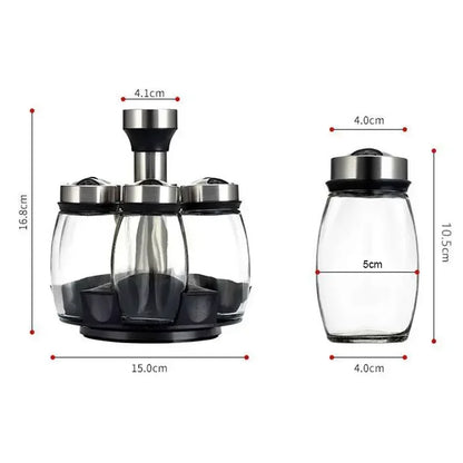 6-in-1 Glass Spice Jar Set with Rotating Rack – Seasoning Organizer with Salt, Pepper, Sugar & Spice Bottles for Kitchen Storage