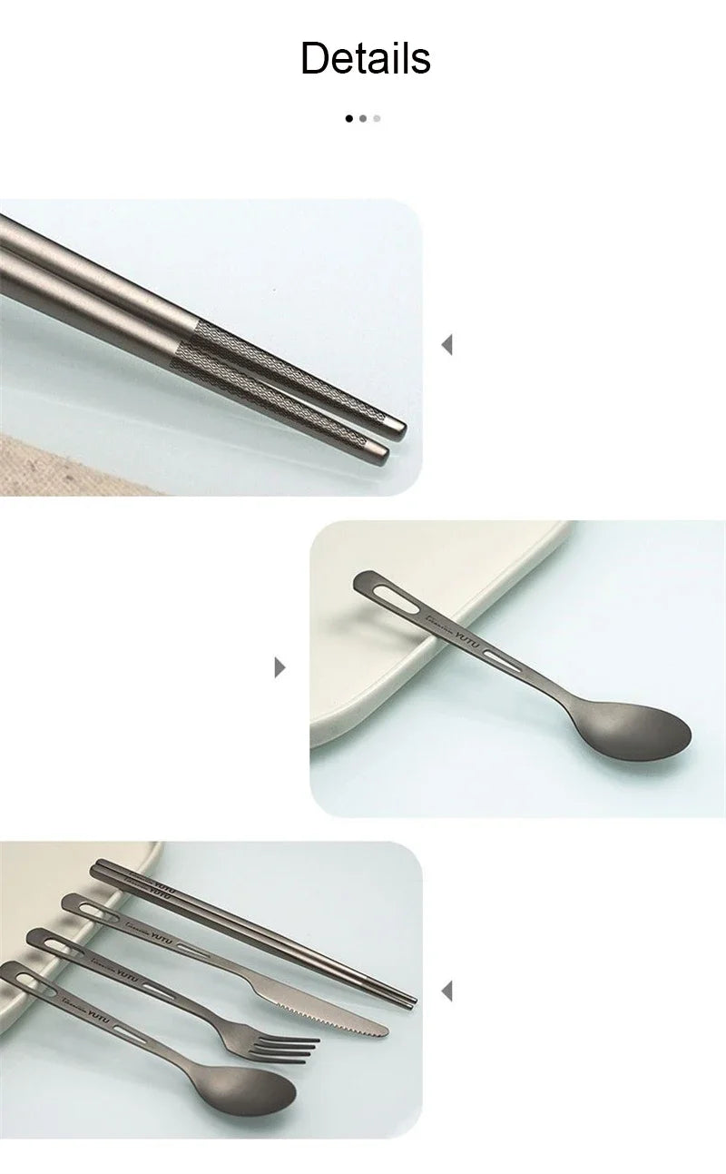 Juego de cubiertos de titanio puro – Juego portátil de cuchillo, tenedor, cuchara y palillos para acampar, hacer senderismo, comer al aire libre, pícnic y uso diario