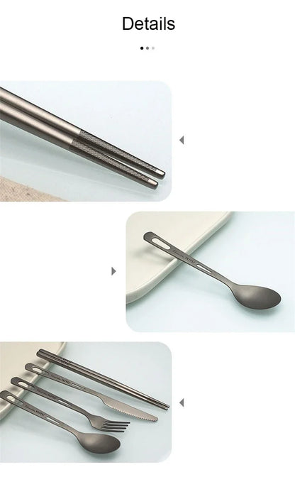 Juego de cubiertos de titanio puro – Juego portátil de cuchillo, tenedor, cuchara y palillos para acampar, hacer senderismo, comer al aire libre, pícnic y uso diario