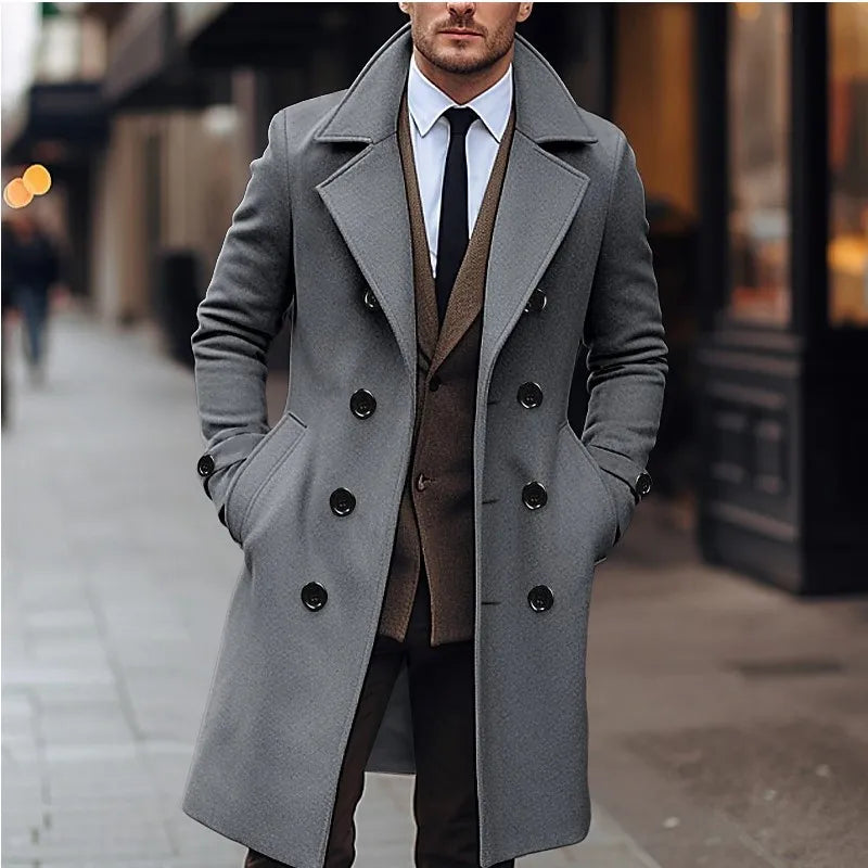 Men’s Long Wool-Blend Trench Coat – Double-Breasted Business Casual Overcoat, Classic English-Style Outerwear for Autumn & Winter