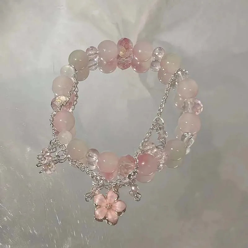 Brazalete coreano de mariposa con flor de cristal rosa – Pulsera dulce de cadena con cuentas y dije colgante para mujer, regalo de joyería de moda
