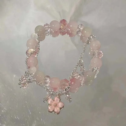 Brazalete coreano de mariposa con flor de cristal rosa – Pulsera dulce de cadena con cuentas y dije colgante para mujer, regalo de joyería de moda