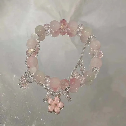 Korean Pink Crystal Flower Butterfly Bracelet – Sweet Beaded Chain Bracelet with Charm Pendant for Women, Fashion Jewelry Gift