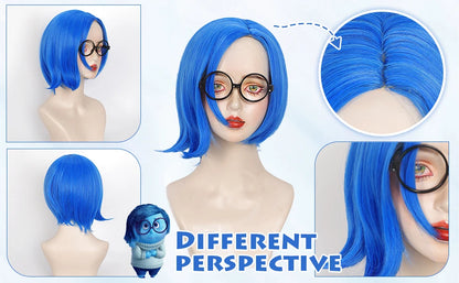Inside Out Sadness Anime Cosplay Wig – Short Blue Bob Synthetic Wig with Wig Cap (Game & Role-Play Costume Hairpiece)