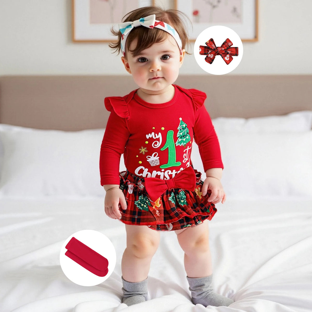 My First Christmas Baby Girl Outfit – Newborn Xmas Romper with Ruffle Tutu Skirt & Headband, Cute Holiday Dress