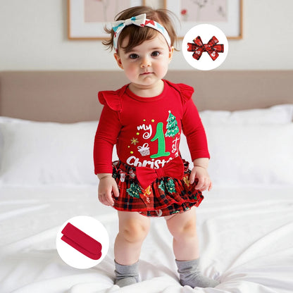 My First Christmas Baby Girl Outfit – Newborn Xmas Romper with Ruffle Tutu Skirt & Headband, Cute Holiday Dress