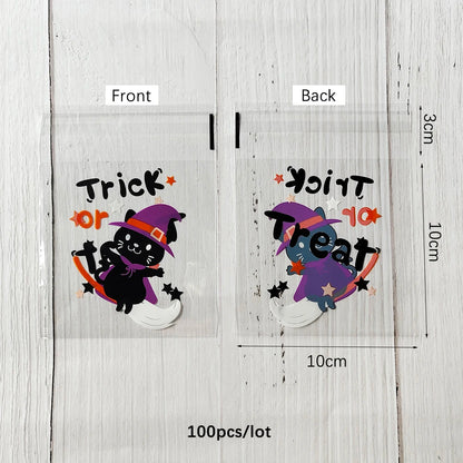 100PCS Halloween Candy Bags, Plastic Gift Packaging Bags with Ghost Pumpkin and Spider Prints, Trick or Treat Goodie Bags, Halloween Party Favors and Decorations