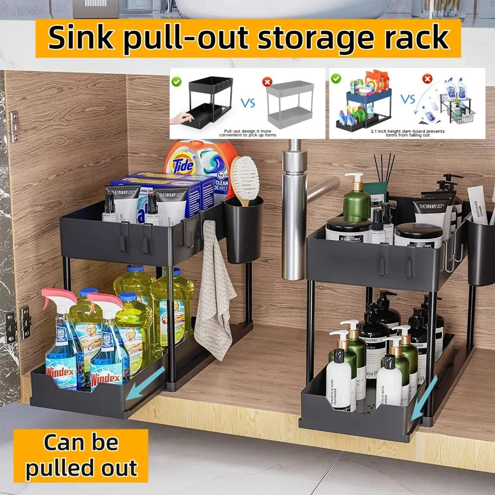 2-Tier Pull Out Under Sink Organizer – Slide-Out Cabinet Storage Rack with Hooks & Cups for Kitchen & Bathroom