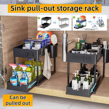 2-Tier Pull Out Under Sink Organizer – Slide-Out Cabinet Storage Rack with Hooks & Cups for Kitchen & Bathroom
