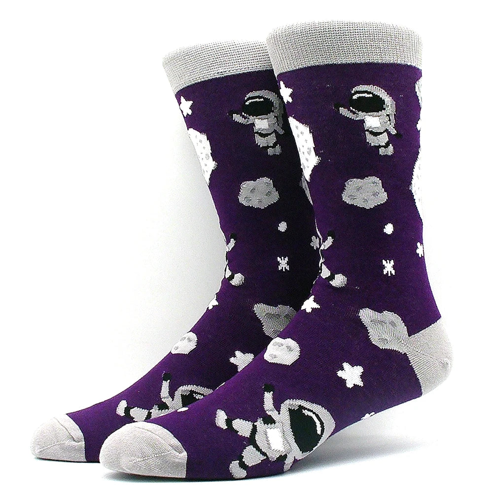 Funny Colorful Hip Hop Socks – Combed Cotton Animal, Astronaut & Geometric Print Socks for Men & Women, Business Dress Wear