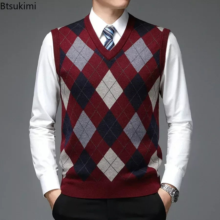 2026 Men’s Casual Knitted Sweater Vest – V-Neck Jacquard Plaid Sleeveless Pullover Top for Business, Office & Everyday Wear