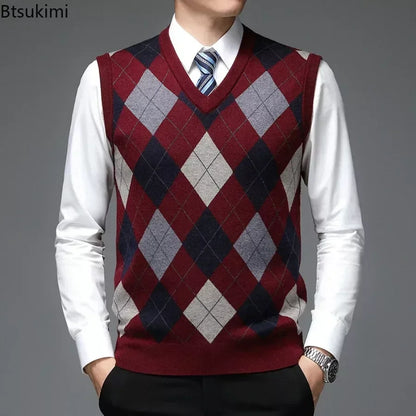 2026 Men’s Casual Knitted Sweater Vest – V-Neck Jacquard Plaid Sleeveless Pullover Top for Business, Office & Everyday Wear