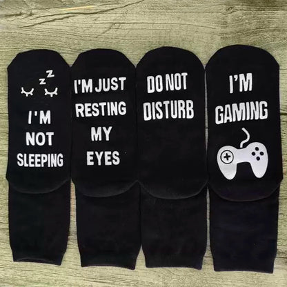 Men’s Funny Harajuku Crew Socks – Creative Word Print Cotton Hip Hop Streetwear Socks with Silicon Anti-Slip Grip, Unisex