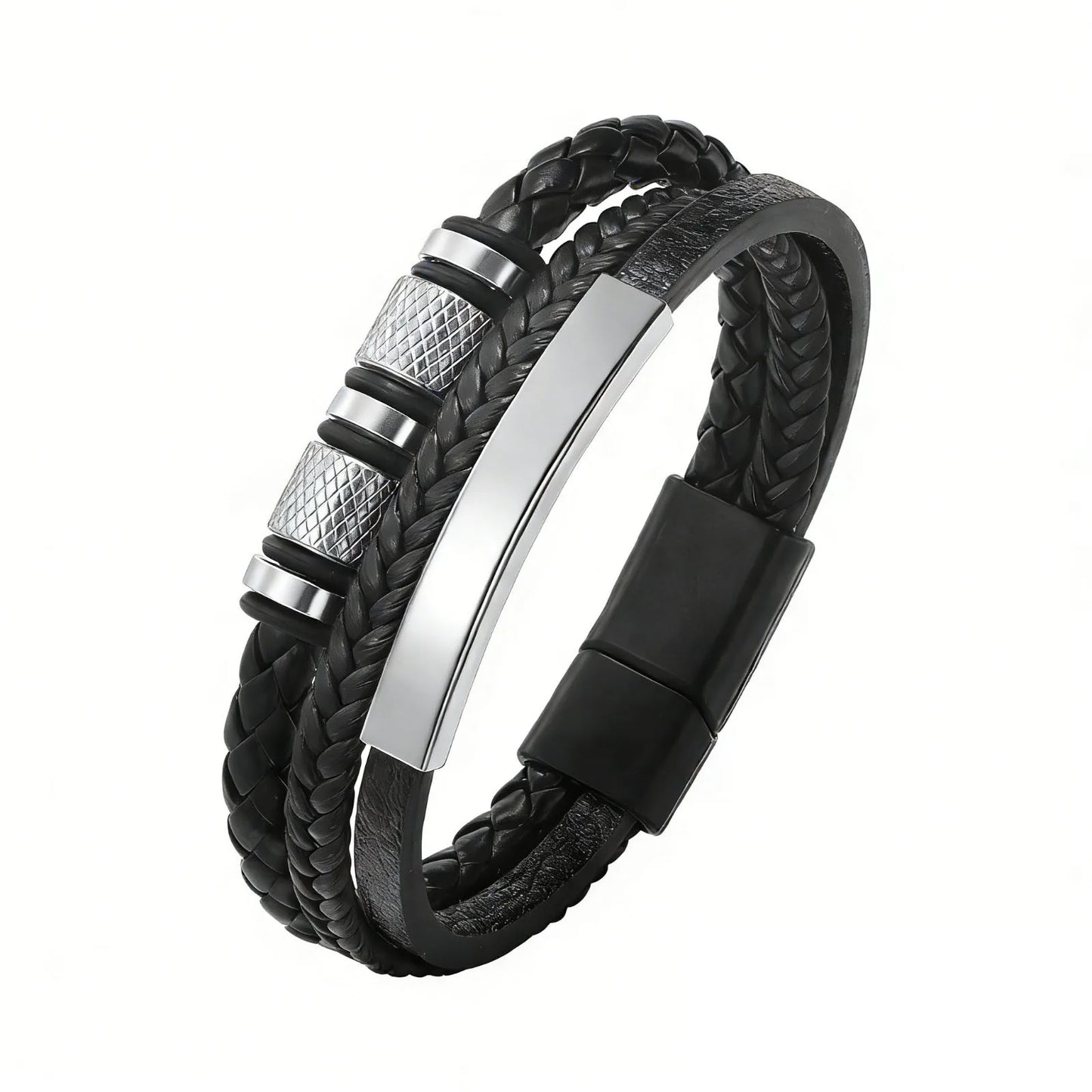 Vnox Personalized Braided Leather Bracelet for Men – Custom Name Engraved Triple Woven PU Leather Wristband | Handmade Gift Jewelry