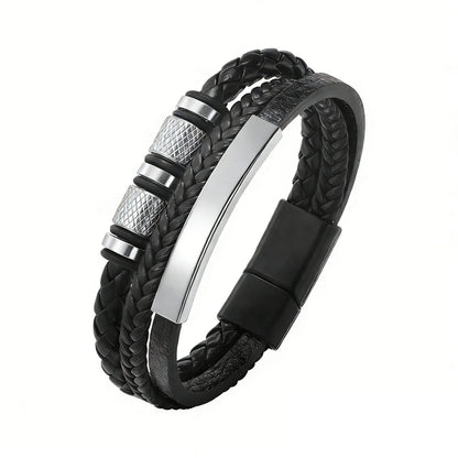Vnox Personalized Braided Leather Bracelet for Men – Custom Name Engraved Triple Woven PU Leather Wristband | Handmade Gift Jewelry