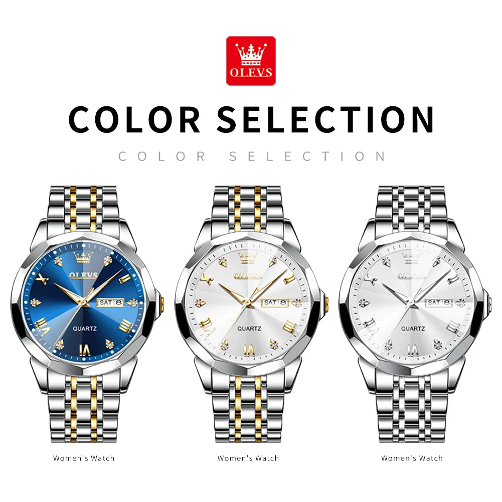 OLEVS 9931 Men’s Quartz Wristwatch – Luxury Diamond-Style Dial, Dual Calendar, Waterproof Design & Stainless Steel Strap