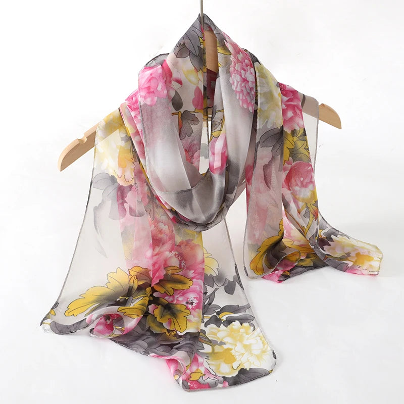 Women's Printed Chiffon Scarf Shawl – Lightweight Silk-Feel Long Wrap for Beach, Travel & Outdoor Wear, Fashion Headband Accessory