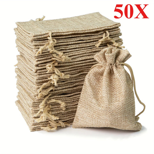 50 SACS CADEAUX en toile de jute avec cordon de serrage – Sacs à dragées en jute pour mariages, bonbons, bijoux et emballages DIY